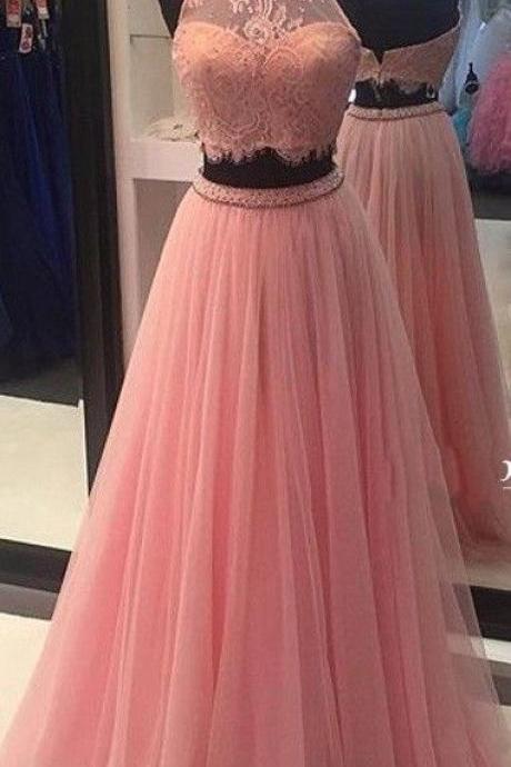 High Neck Prom Dresses, Charming Prom Dress,two Piece Tulle Prom Dresses,long Lace Evening Formal Dress,evening Gown,women Dress, Two Pirces Prom