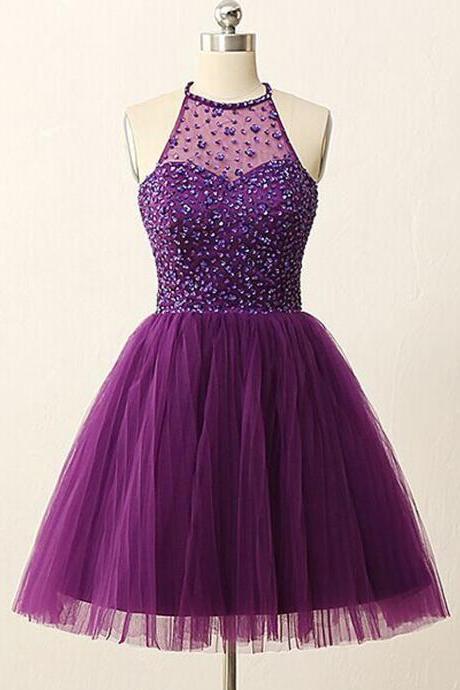 Beautiful Purple Short Prom Dress, Backless Prom Dress, Purple Homecoming Dress, Beaded Prom Dress, Formal Homecoming Gown, Ball Dress, A-line