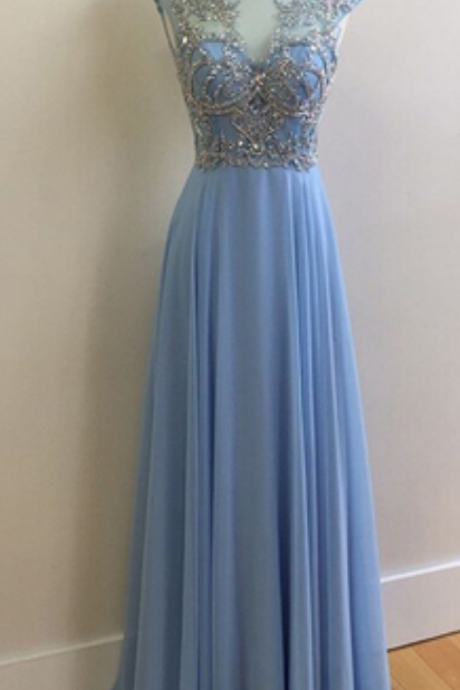 Long Jewel Embellished Sweetheart Illusion Cap Sleeve Chiffon Dress - Prom Dress, Bridesmaid Dress, Evening Dress