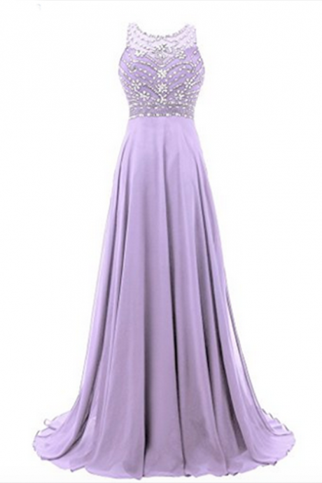 New Prom Gowns,Charming Evening Dress,chiffon round neck sequins beaded A-line long prom dresses for teens,