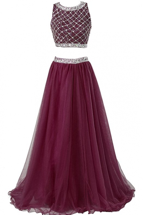 Prom Gowns,charming Evening Dress,two Piece Long Prom Dresses With Sleeveless Sequined Top