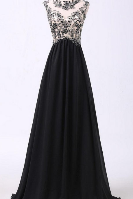 Black Lace Appliqué Chiffon A-line Long Prom Dress With Illusion Neckline, Prom Dresses, Chiffon Popular Prom Dresses