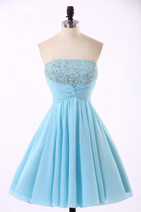 Light Blue Short Homecoming Dress With Beaded Bodice And Ruched Sash, Homecoming Dresses, Chiffon Homecoming Dresses