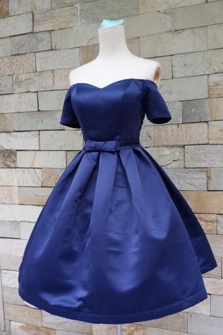 Royal Blue Off-the-shoulder Sweetheart Neckline Short Homecoming Dress With Bow Accent, Homecoming Dresses, Satin Homecoming Dresses