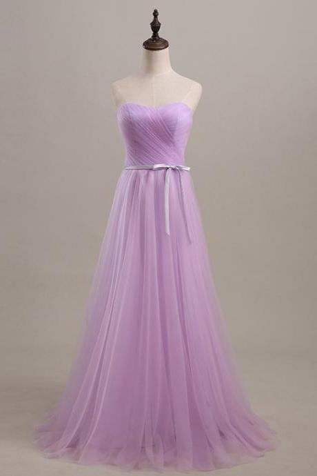 Floor Length Sweetheart Lilac Ruched Tulle Prom Gown With Bow Accent , Prom Dresses, Tulle Prom Dresses