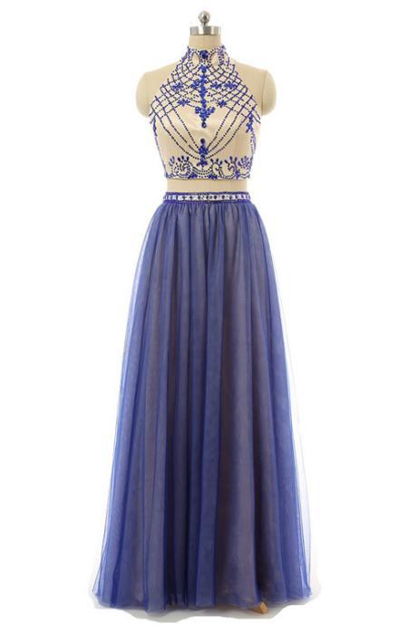 Prom/evening Dress Blue Floor-length Backless Tulle Beading, Tulle Prom Dresses