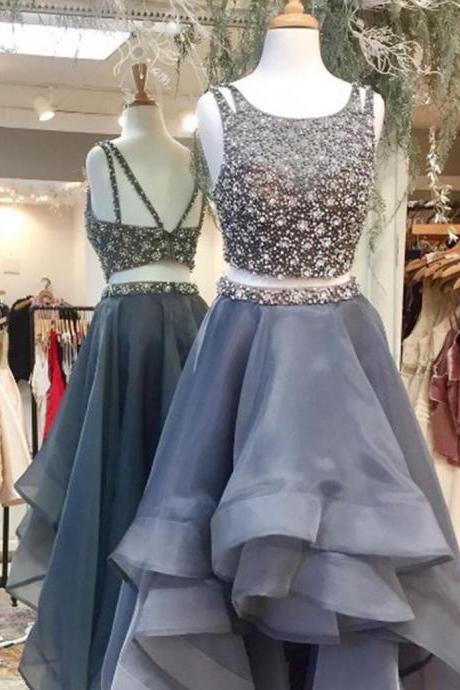 Charming Two Piece Scoop Sleeveless High Low Prom Dress Backless With Beading Prom Dresses