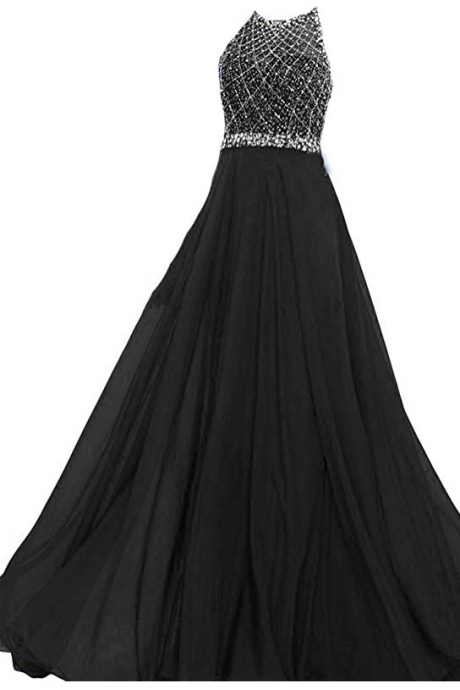Gorgeous A Line Long Prom Dreses Sexy Open Back Beaded Evening Gowns Prom Dresses