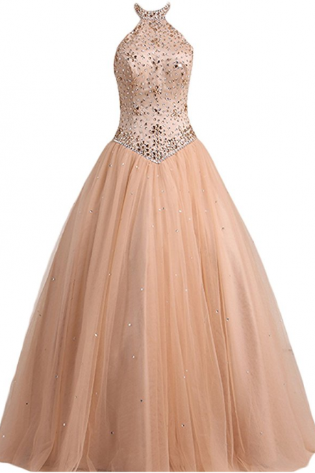 Prom Dresses Halter A Line Tulle Quinceanera Evening Dresses