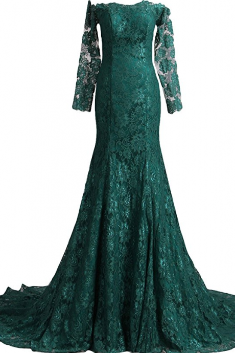 Prom Dresses Long Sleeves Lace Sweep Train Evening Dresses