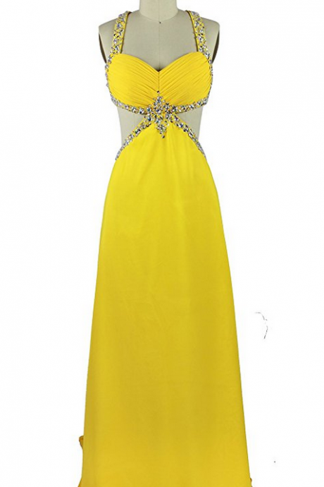 Sexy A Line Backless Formal Gowns Yellow Prom Dresses