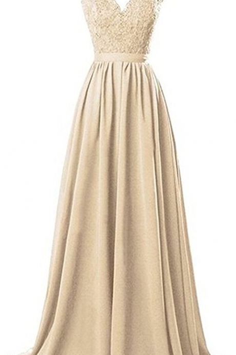 Sleeveless V-neck Lace Appliqués Chiffon A-line Long Prom Dress, Evening Dress Featuring Open Back