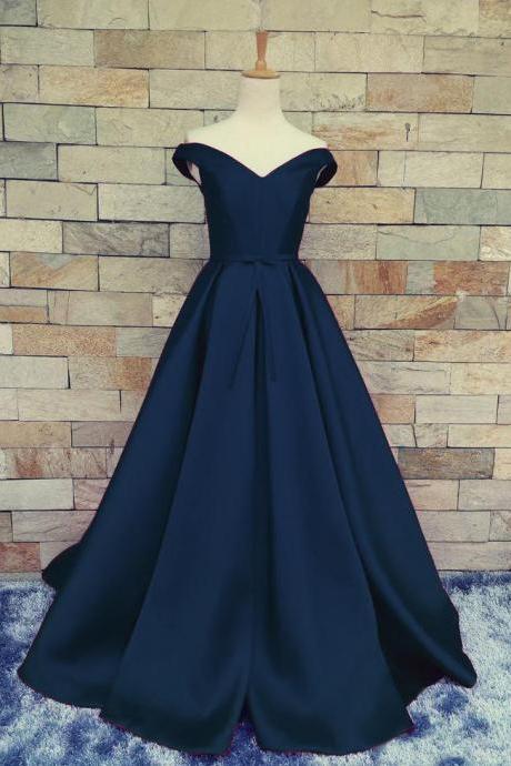 Charming Prom Dress,satin Prom Dress, Charming Dark Navy Blue A Line Prom Dresses Satin Off The Shoulder Evening Gowns