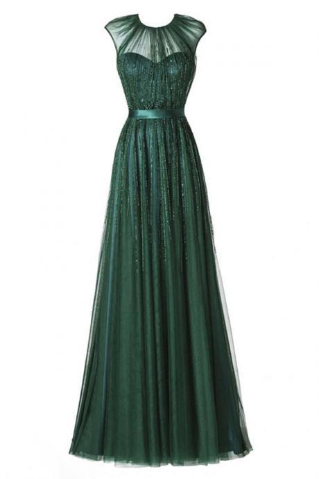 Charming Prom Dresses,Tulle Prom Dress,Glamorous Round Neck Floor-Length Pleated Dark Green Prom Dress with Beading