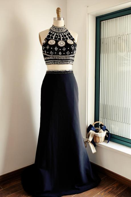 Charming Prom Dress,chiffon Prom Dress,two-piece Halter Beaded Bodice Long Prom Dress, Black Sweep Train Prom Gown Evening Dress With Open Back
