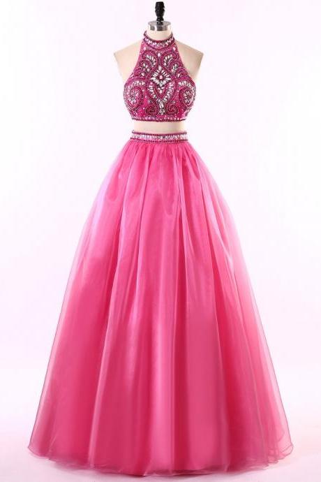 Charming Prom Dress,tulle Prom Dress, Two Piece Halter Neck Floor-length Chiffon Prom Gown