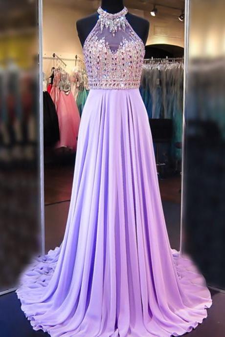 Charming Prom Dress,chiffon Prom Dress, A Line Cowl Neck Sleeveless Long Pleated Beaded Lilac Prom Dress Open Back Prom Dresses