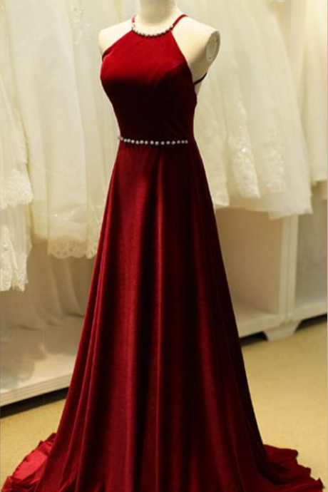 High Neckline Floor Length Red Wine Taffeta Fabric Dress with Open Back