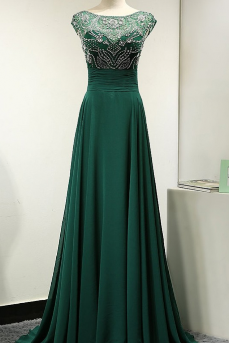 Floor Length Chiffon A-Line Evening Dress featuring Beaded Embellished Bodice with Cap Sleeves and Bateau Neckline