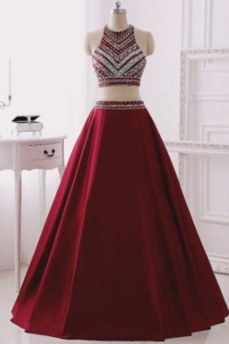 Long Two Pieces Prom Dress With Beaded Halter Neck Crop Top - Evening Dress