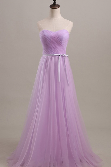 Floor Length Sweetheart Lilac Ruched Tulle Prom Gown With Bow Accent