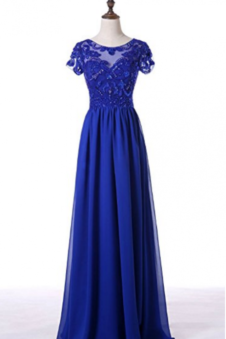 Royal Blue Short Sleeve Sequin Applique Chiffon Long Evening Dresses