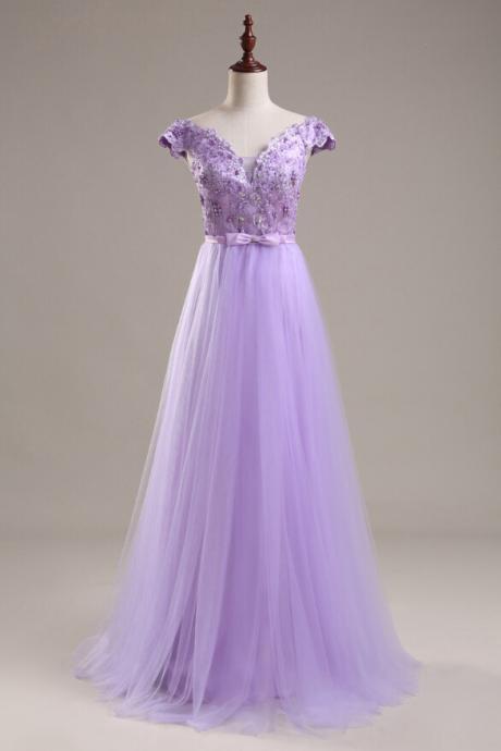 Lavender Bateau V-neck Floor-length Tulle Prom Dresses