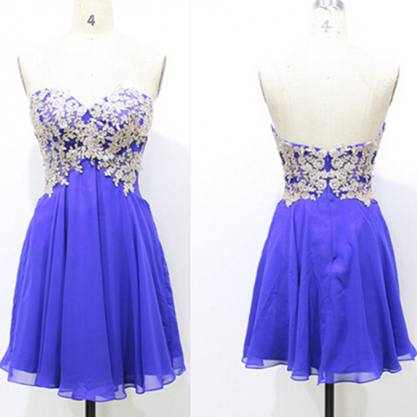 Blue Appliques Lace-Up Short Homecoming Dress main image 0
