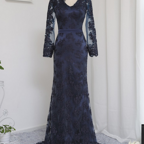 Navy Blue Evening Dresses Mermaid V-neck Long Sleeves Appliques Lace ...