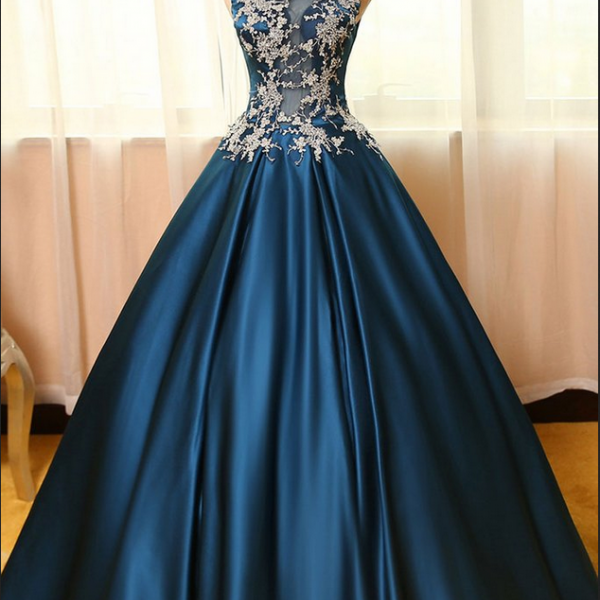 Dark Teal A-line Satin With Lace Long Prom Dress, PD33366 on Luulla