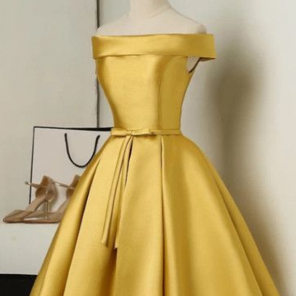 Gold Satin Offtheshoulder Short Ruffled Skater Dress