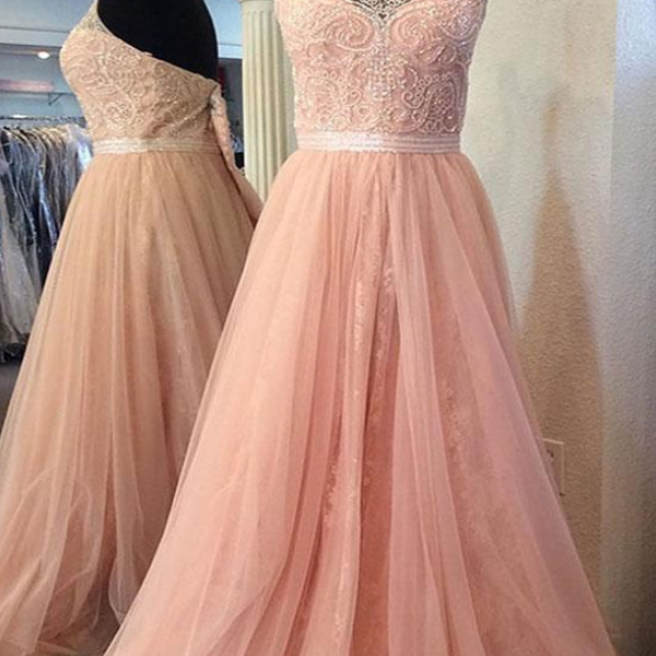 Blush Pink Halter Lace Beaded Long Custom Evening Prom Dresses on Luulla