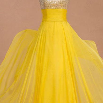 Yellow Chiffon Long Prom Dress Sleeveless Zipper Built-in Bra
