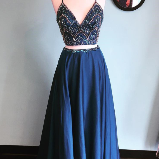 Sparkly Two Piece Navy Blue Beading Long Prom Dress Evening Dress A