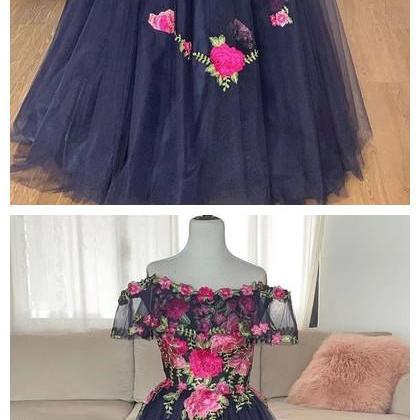 Navy Blue Tulle Off Shoulder Long Flower Lace Prom Dress, Formal Dress