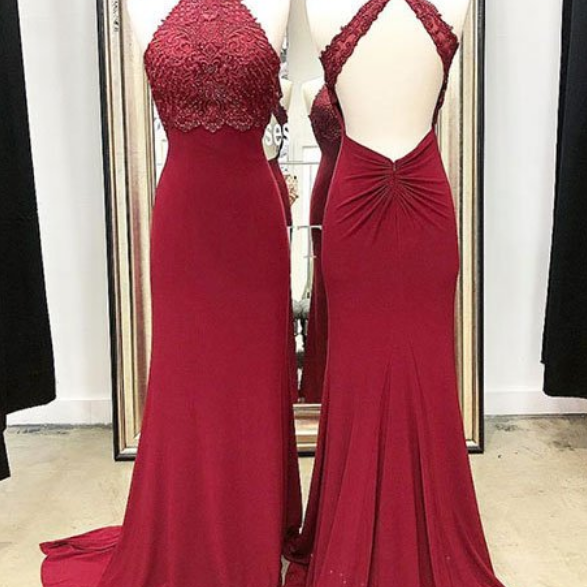 Burgundy lace long prom dress mermaid evening dress s110