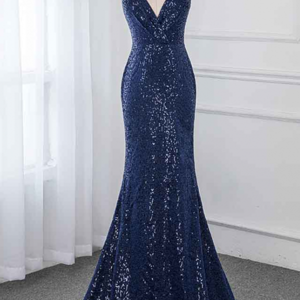 Adore Outfit Navy Blue Long Prom Dresses Sequins Sleeveless Formal Evening Gown Dress Backless