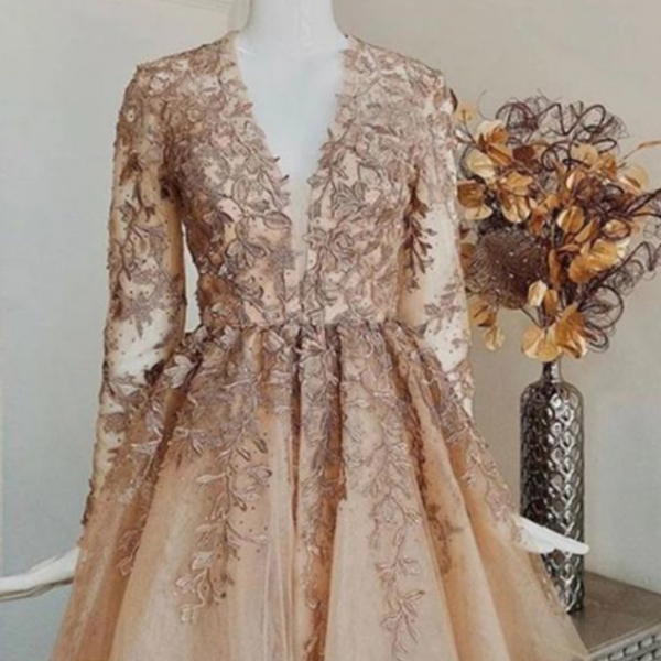 Adore Outfit Long Sleeves V-neck Tulle Short Prom Dress With Appliques ...