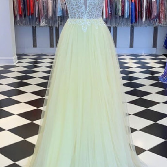 Yellow Tulle A-Line Tiered V-Neck Embroidered Long Floral Dress