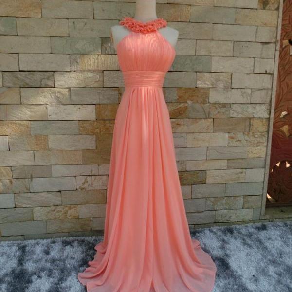 Cute A Line Round Neck Hot Pink Chiffon Long Prom Dresses with Beading VK23061207
