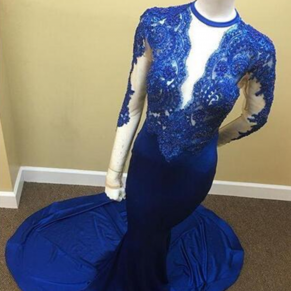 Sexy Royal Blue Mermaid Prom Dresses Lace V Neck Sheer Appliques Sheer Long Sleeves Formal Evening Party Dress Custom Made
