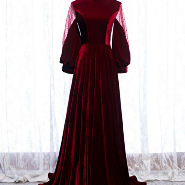 Burgundy Velvet Long Sleeve High Neck Backless Formal Prom Dress