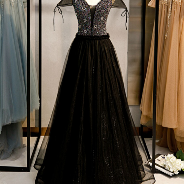 V Neck Long Sleeves A Line Taffeta With Beading Prom DressesLBQ2169