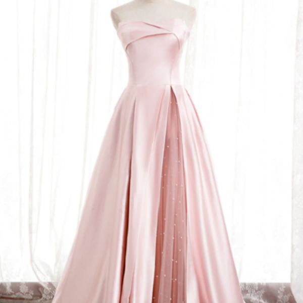 A Line Satin Strapless Hunter Long Prom Dresses Lace Up With Pockets,DS4085 main image 0