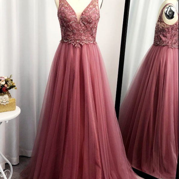 slim fit dress slacks Elegant A-line Tulle V-neck Sleeveless Applique Prom Dress, FC3827 – Dairy  Bridal main image 0