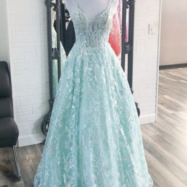Stylish A-line V Neck Backless Tulle Lace Long Prom Dresseswith Belt main image 1