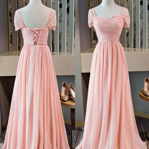 Pink Chiffon Cap Sleeves Long Bridesmaid Dress, Floor Length Pink Party Dress