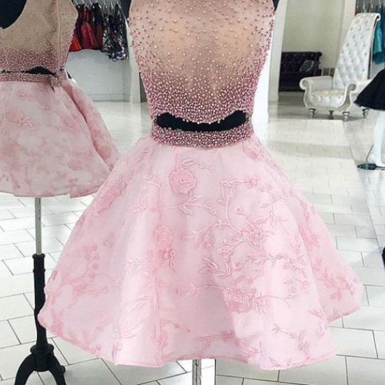 Pink two pieces beads lace short prom dress. pink homecoming dress