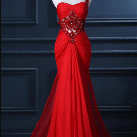 One Shoulder Prom Dress with Beaded Flowers, Unique Red Prom Gowns, Mermaid Chiffon Prom Dress