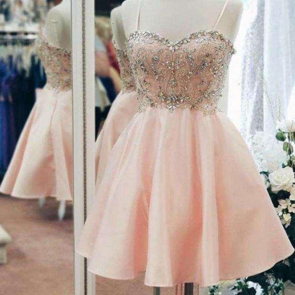 Sweetheart Neck Short Pink Prom Dresses, Short Pink Beaded Homecoming Graduation Dresses